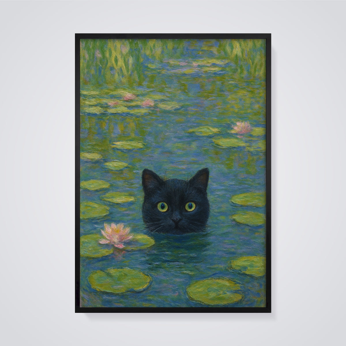 Black Cat Water Lilies Print framed in black on a grey background