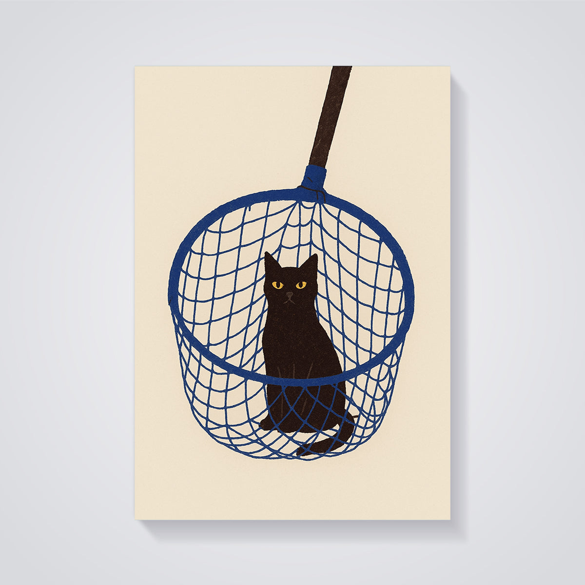 Black Cat in Blue Net Print unframed on a grey background
