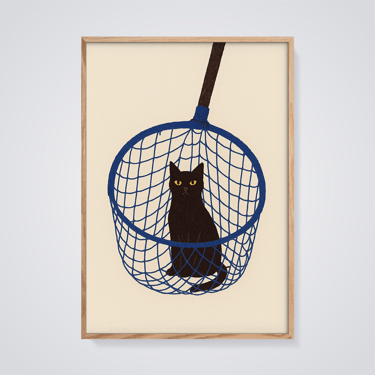 Black Cat in Blue Net Print framed in oak on a grey background