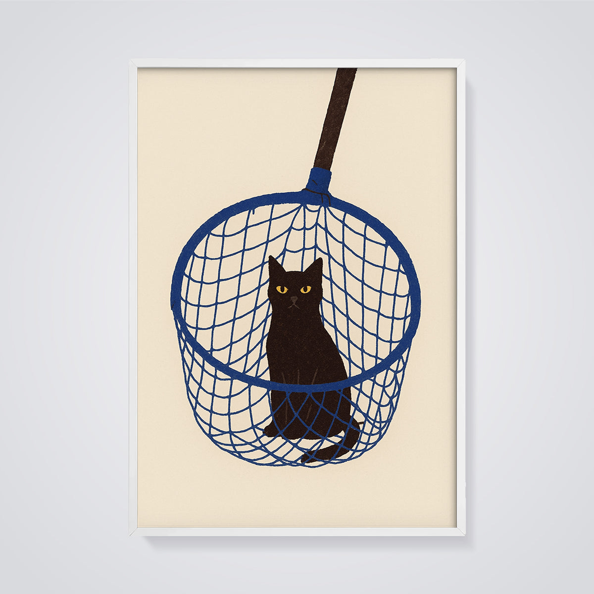 Black Cat in Blue Net Print framed in white on a grey background