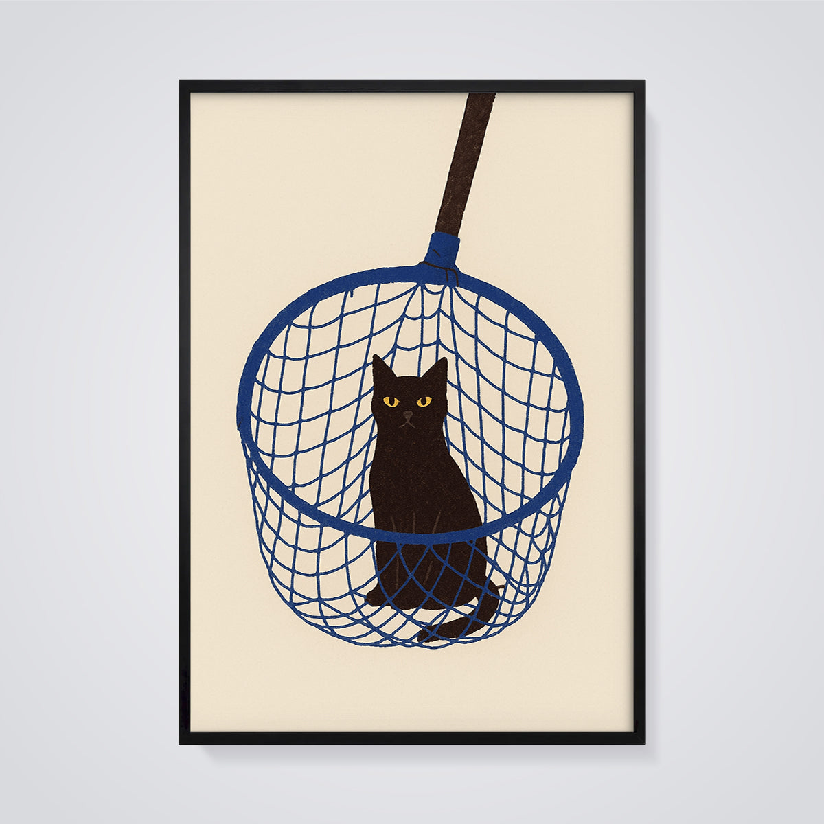 Black Cat in Blue Net Print framed in black on a grey background