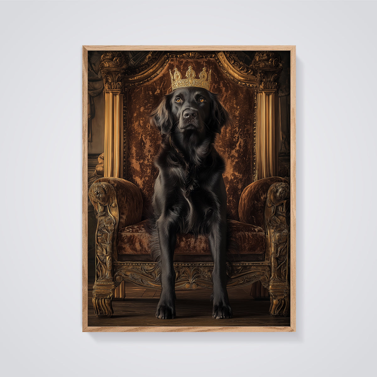 Black Dog King Print framed in oak on a grey background