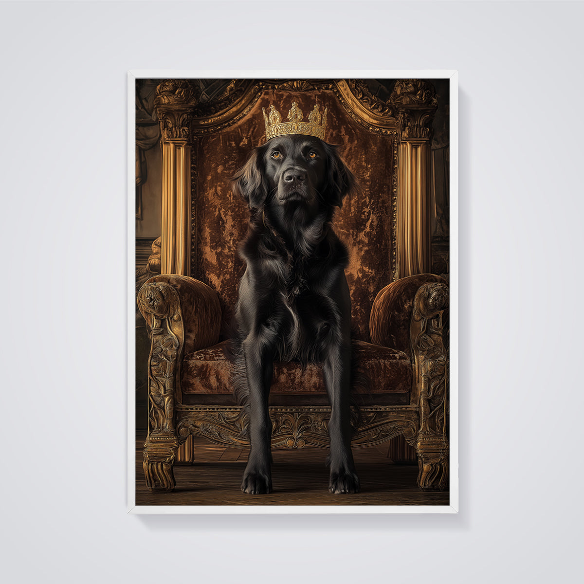 Black Dog King Print framed in white on a grey background