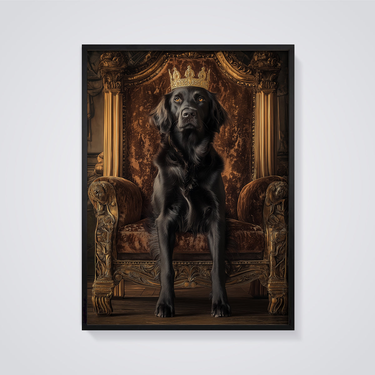 Black Dog King Print framed in black on a grey background