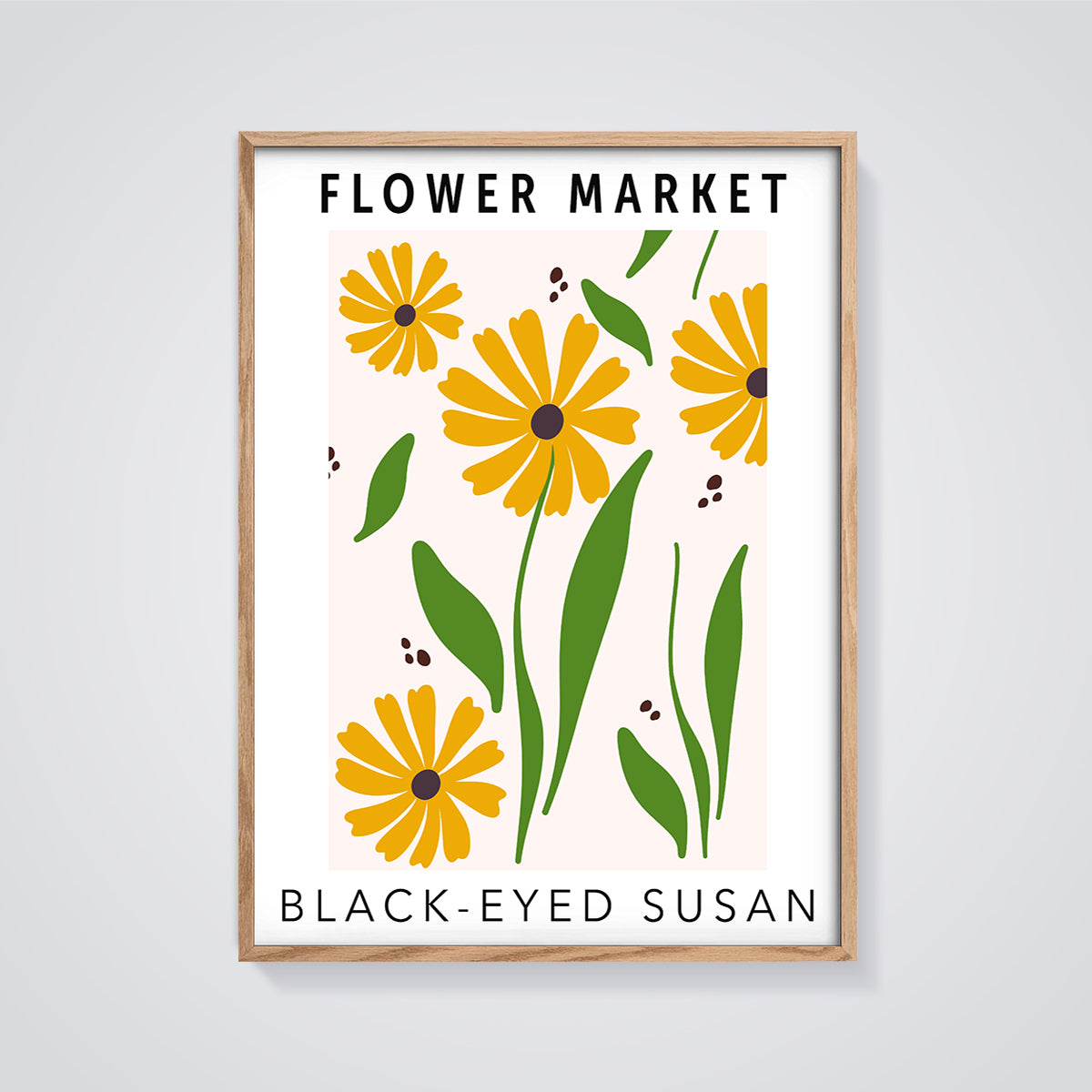 Black-Eyed Susan Flower Market Print framed in oak on a grey background