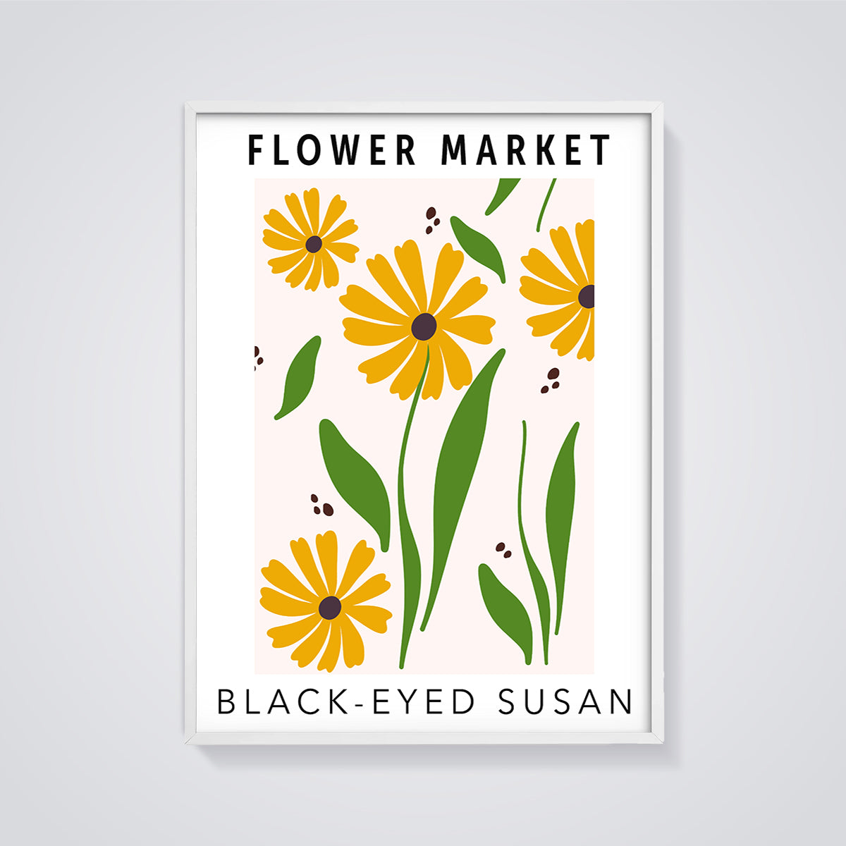 Black-Eyed Susan Flower Market Print framed in white on a grey background