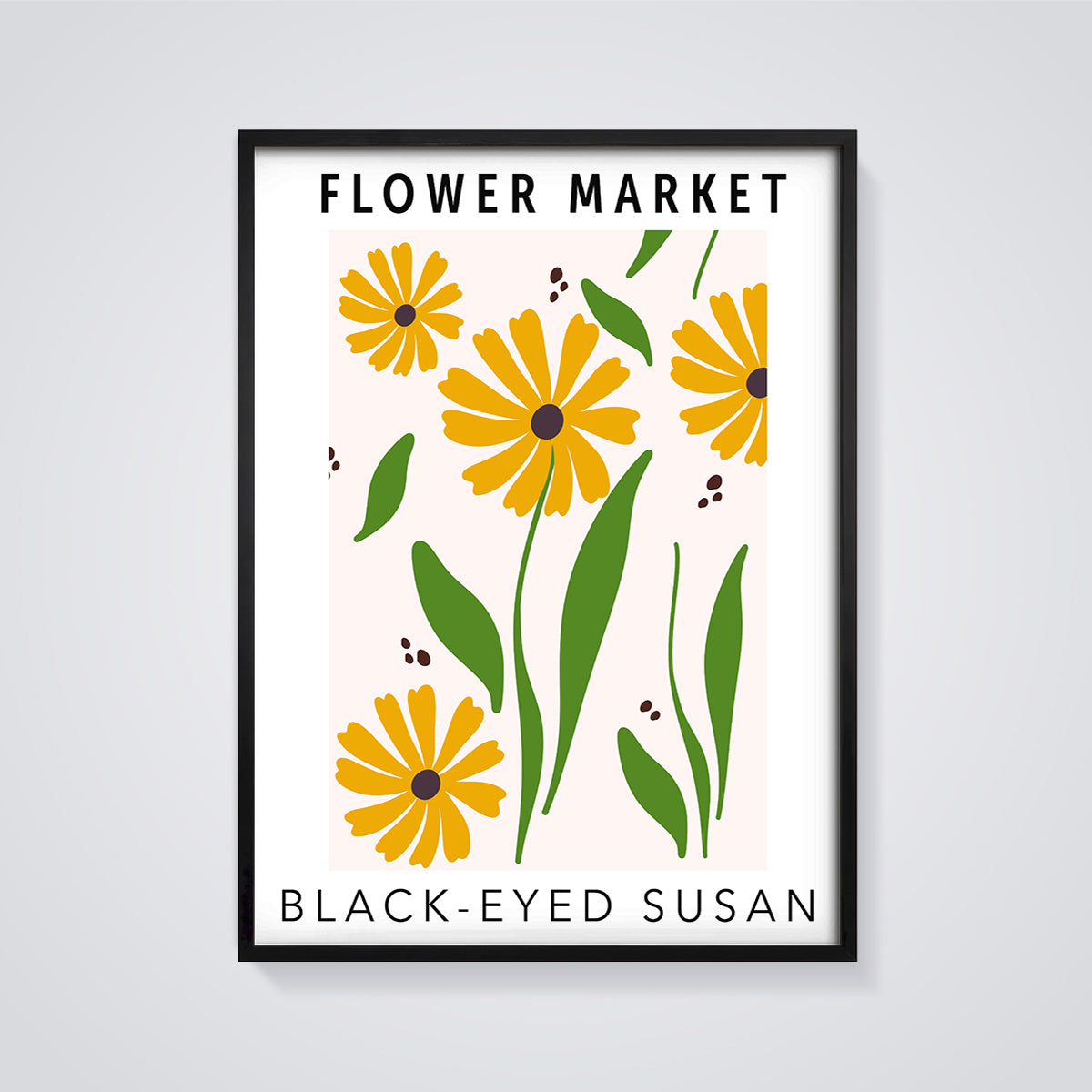 Black-Eyed Susan Flower Market Print framed in black on a grey background