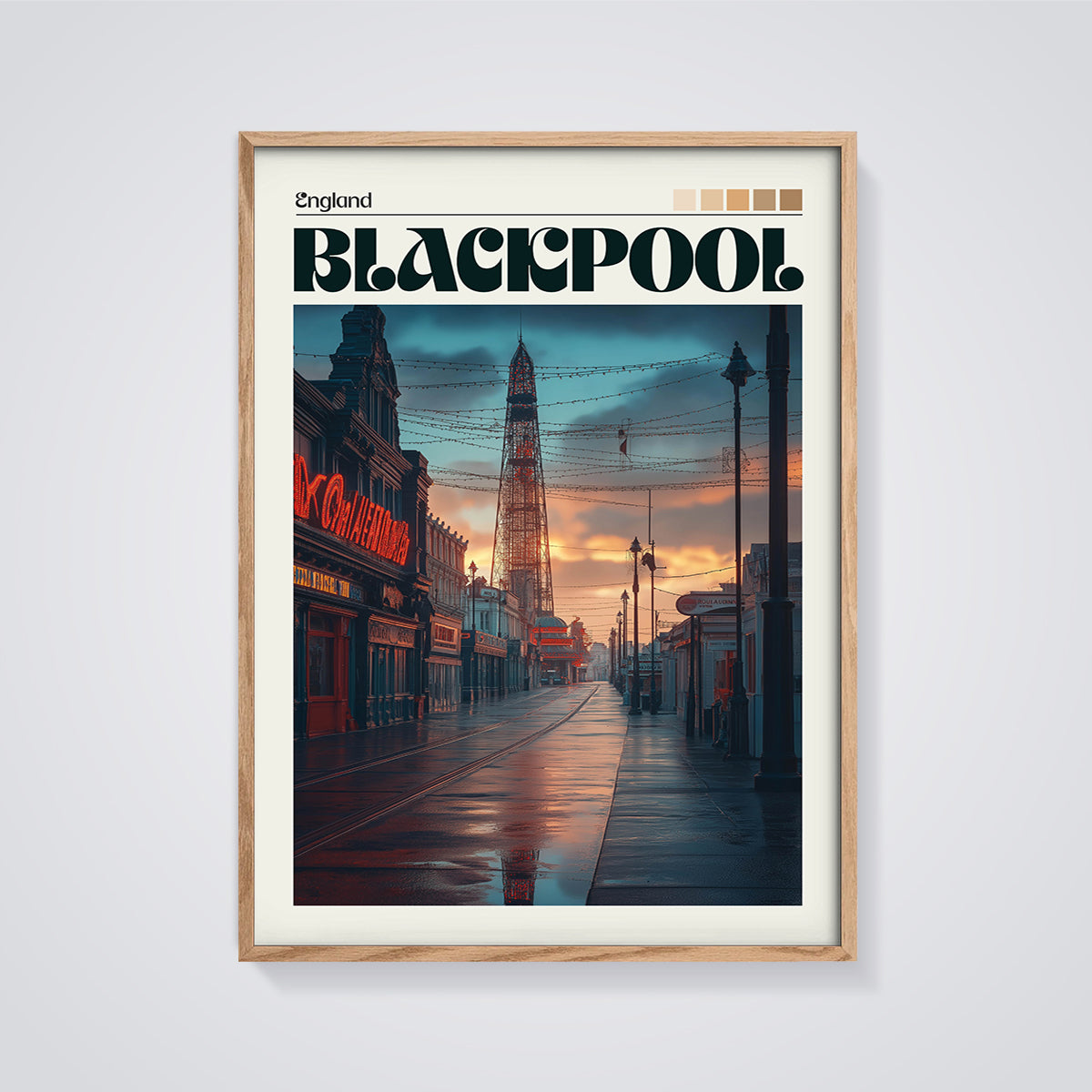Blackpool Street Sunset Print framed in oak on a grey background