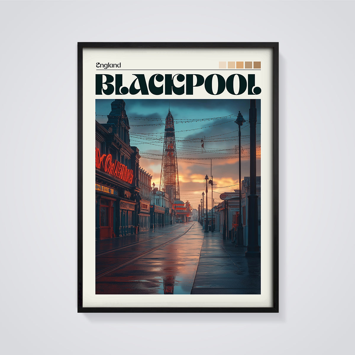 Blackpool Street Sunset Print framed in black on a grey background