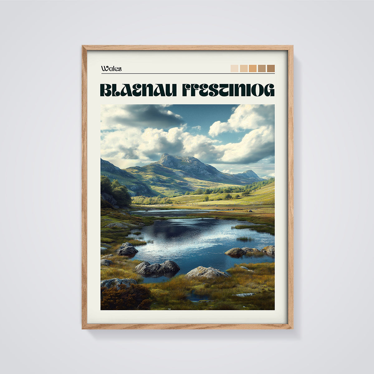 Blaenau Ffestiniog Welsh Landscape Print framed in oak on a grey background