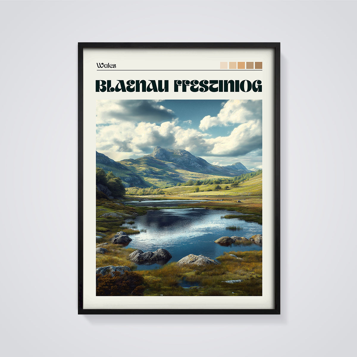 Blaenau Ffestiniog Welsh Landscape Print framed in black on a grey background