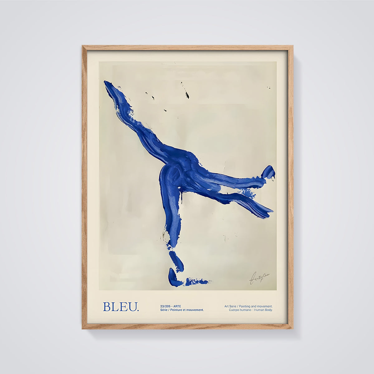 Bleu Abstract Human Body Print framed in oak on a grey background