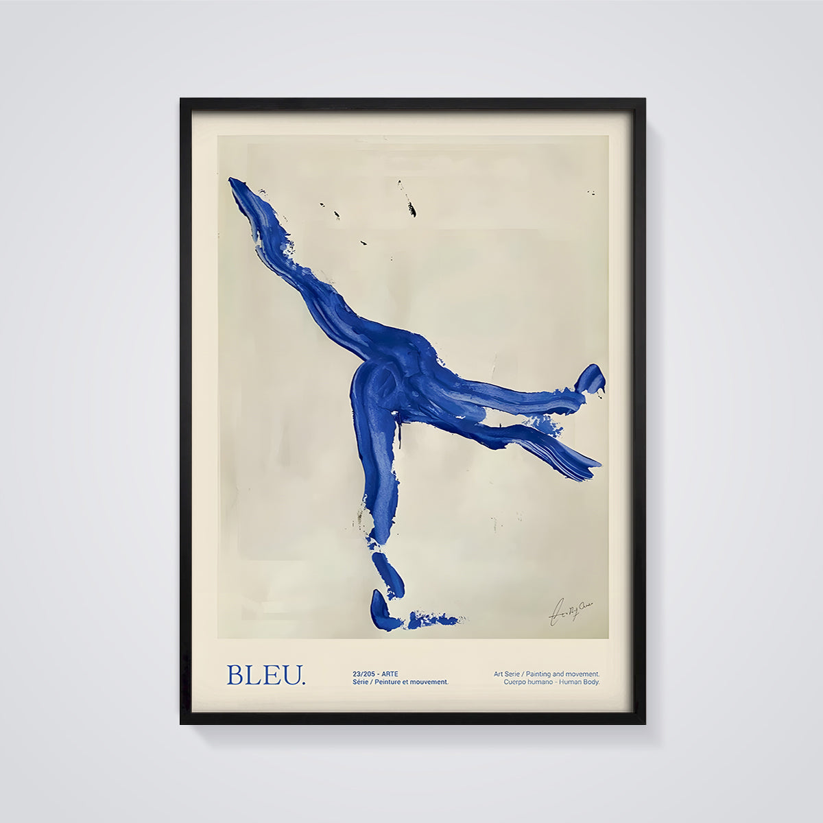 Bleu Abstract Human Body Print framed in black on a grey background