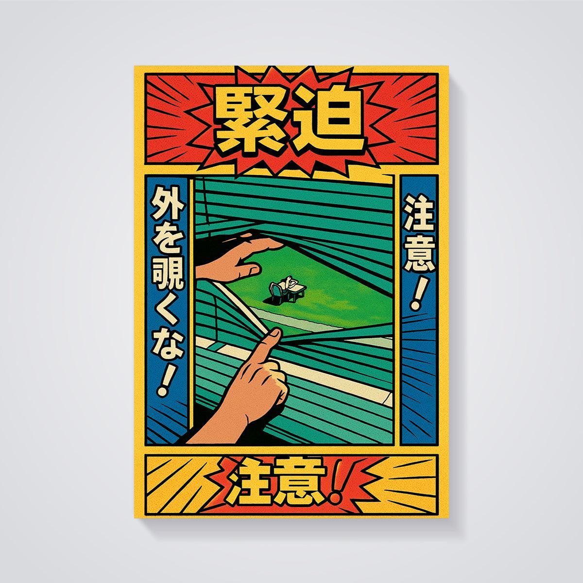 Blinds Peeking Warning Print unframed on a grey background