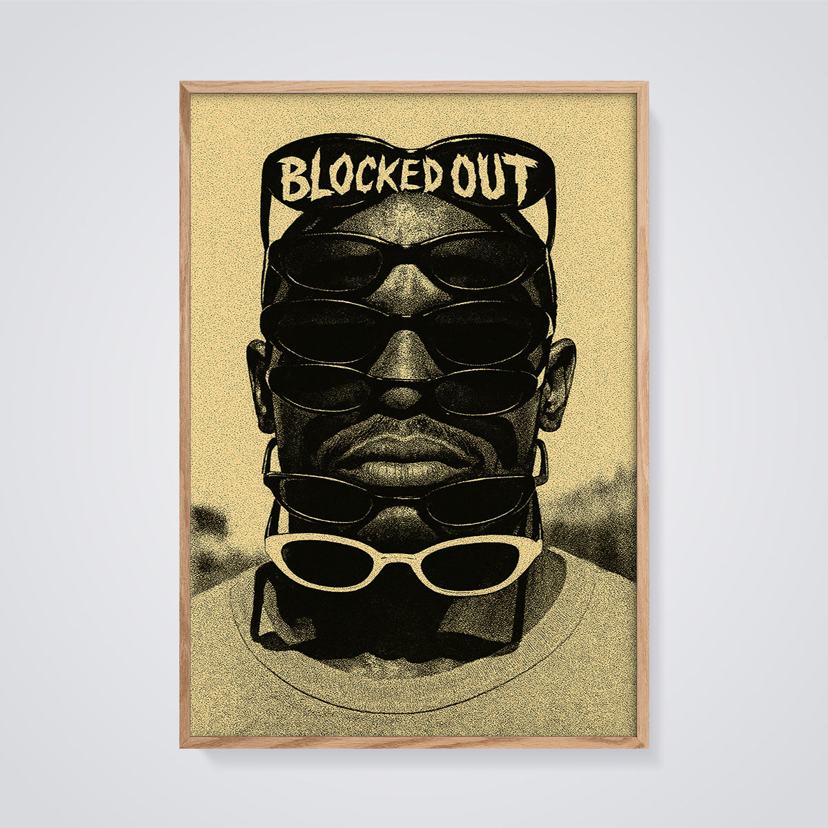 Blocked Out Sunglasses Print framed in oak on a grey background