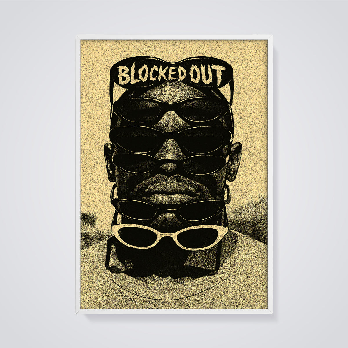 Blocked Out Sunglasses Print framed in white on a grey background