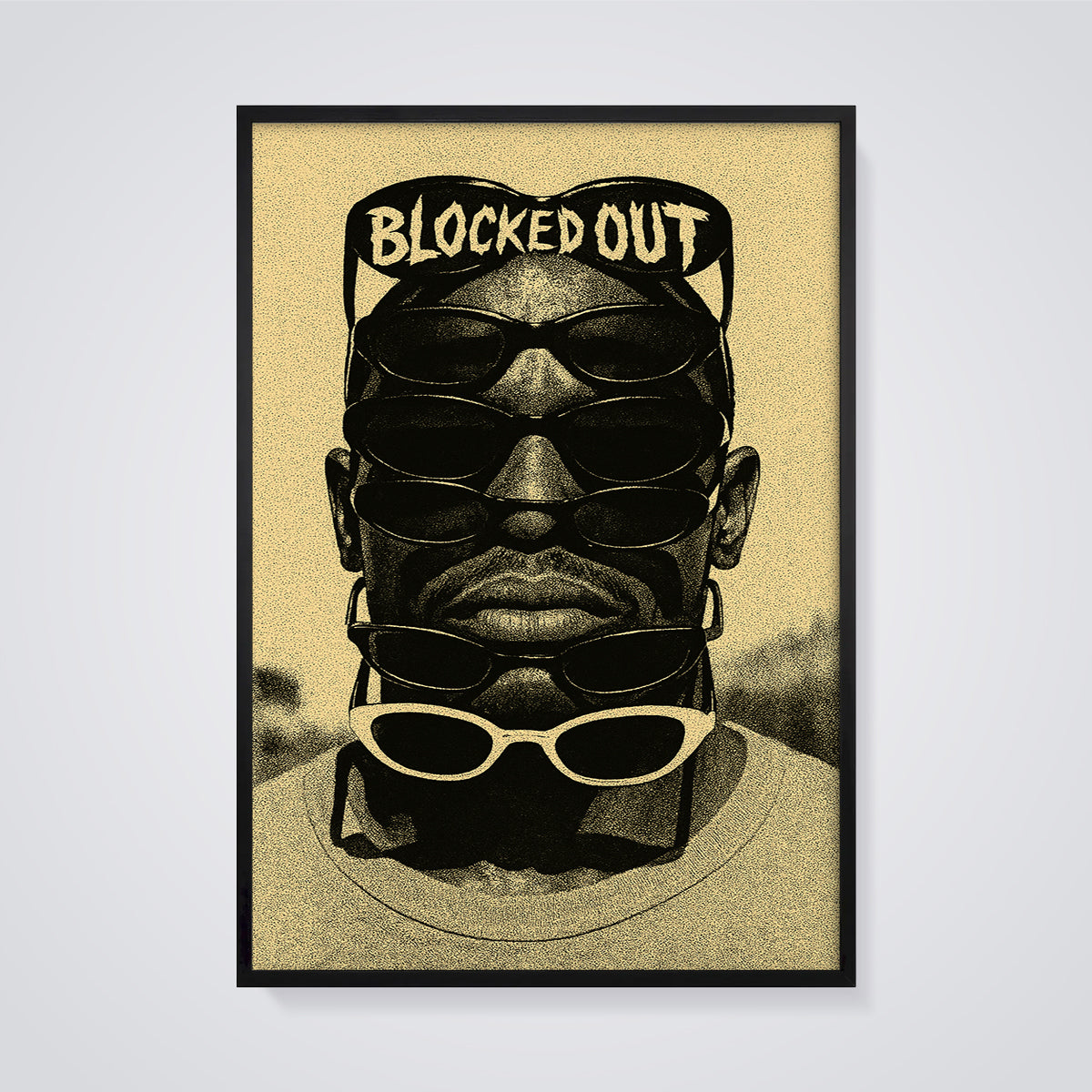 Blocked Out Sunglasses Print framed in black on a grey background