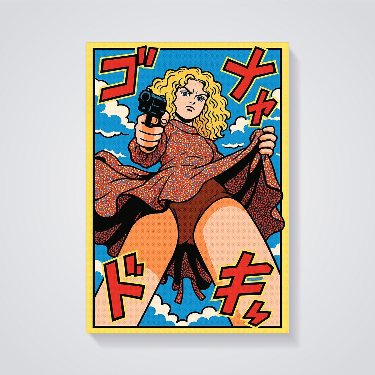 Blonde Woman with Gun Print unframed on a grey background
