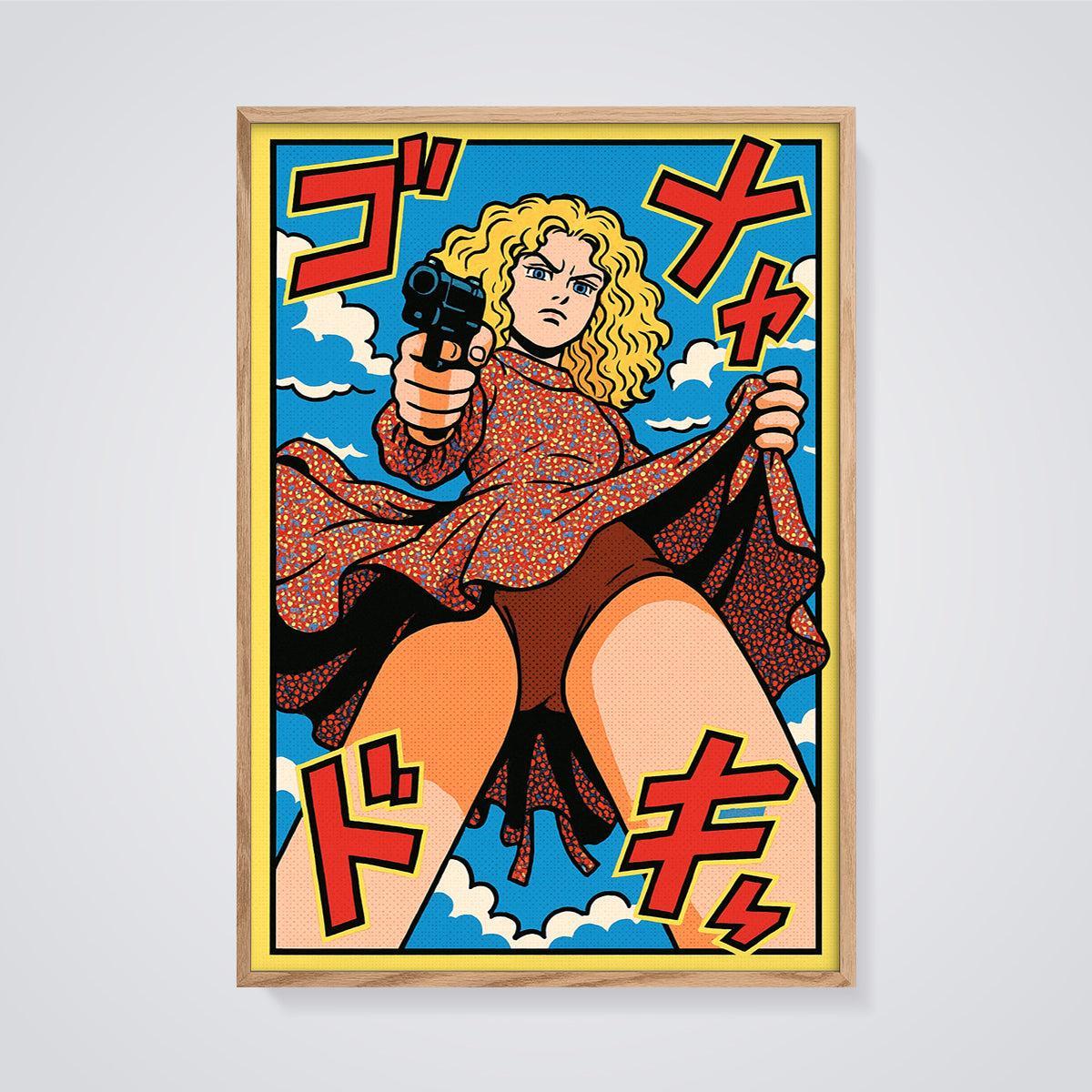 Blonde Woman with Gun Print framed in oak on a grey background