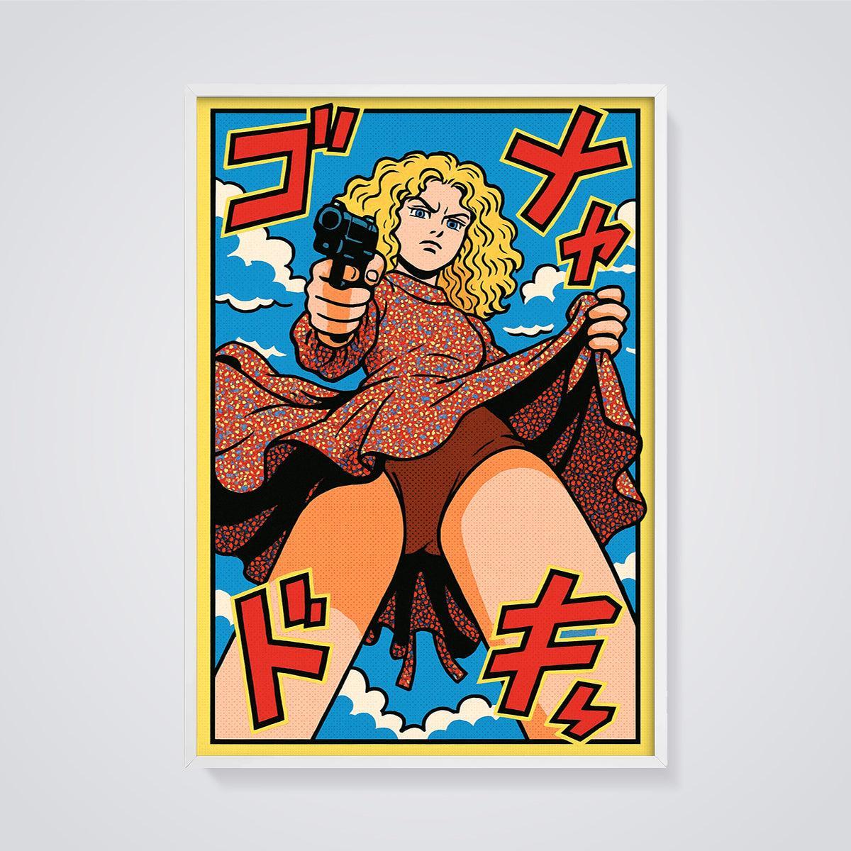 Blonde Woman with Gun Print framed in white on a grey background