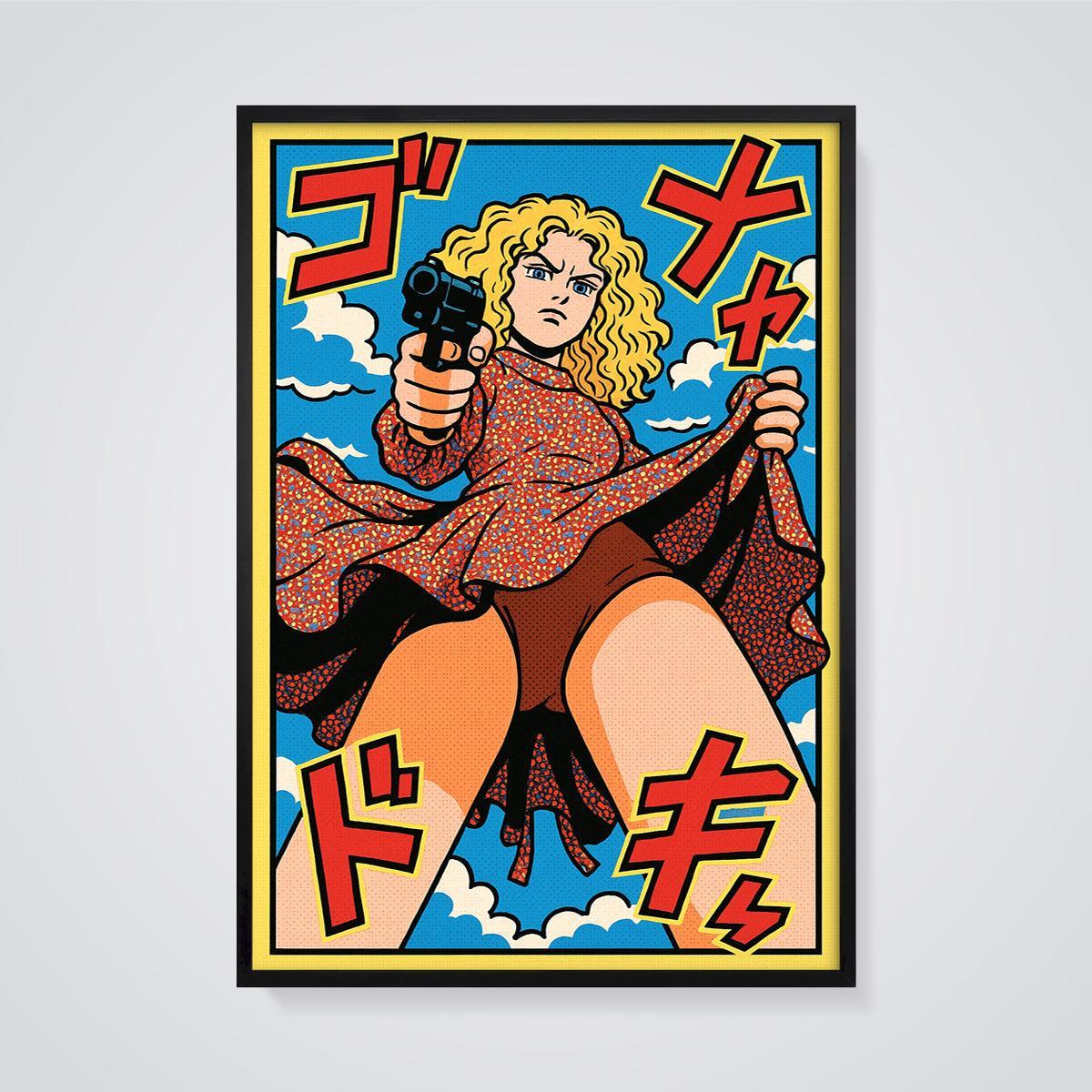 Blonde Woman with Gun Print framed in black on a grey background