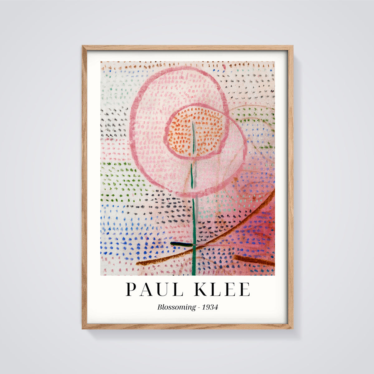 Blossoming 1934 Paul Klee Print framed in oak on a grey background