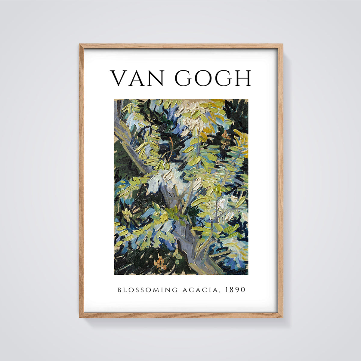 Blossoming Acacia Van Gogh Print framed in oak on a grey background