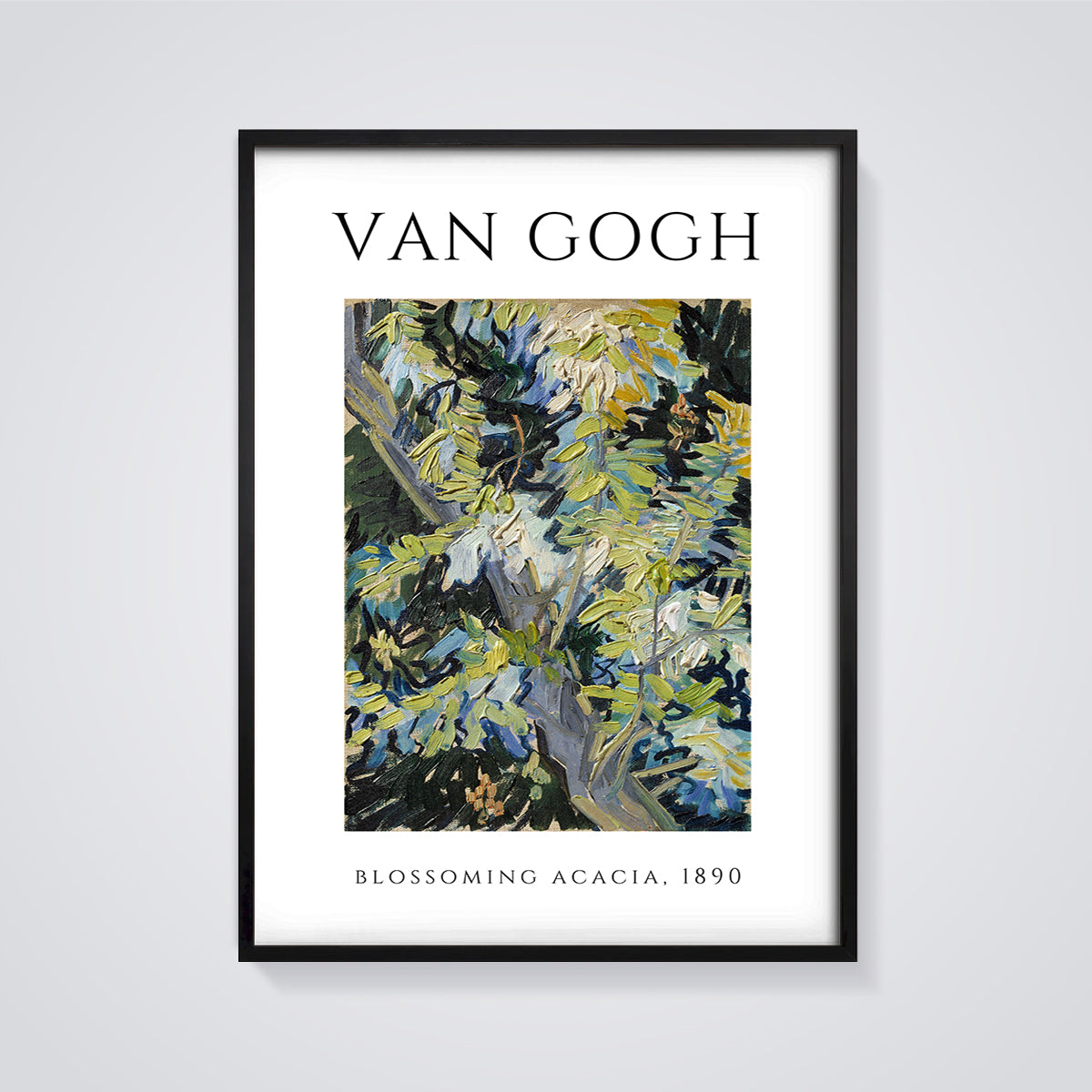 Blossoming Acacia Van Gogh Print framed in black on a grey background