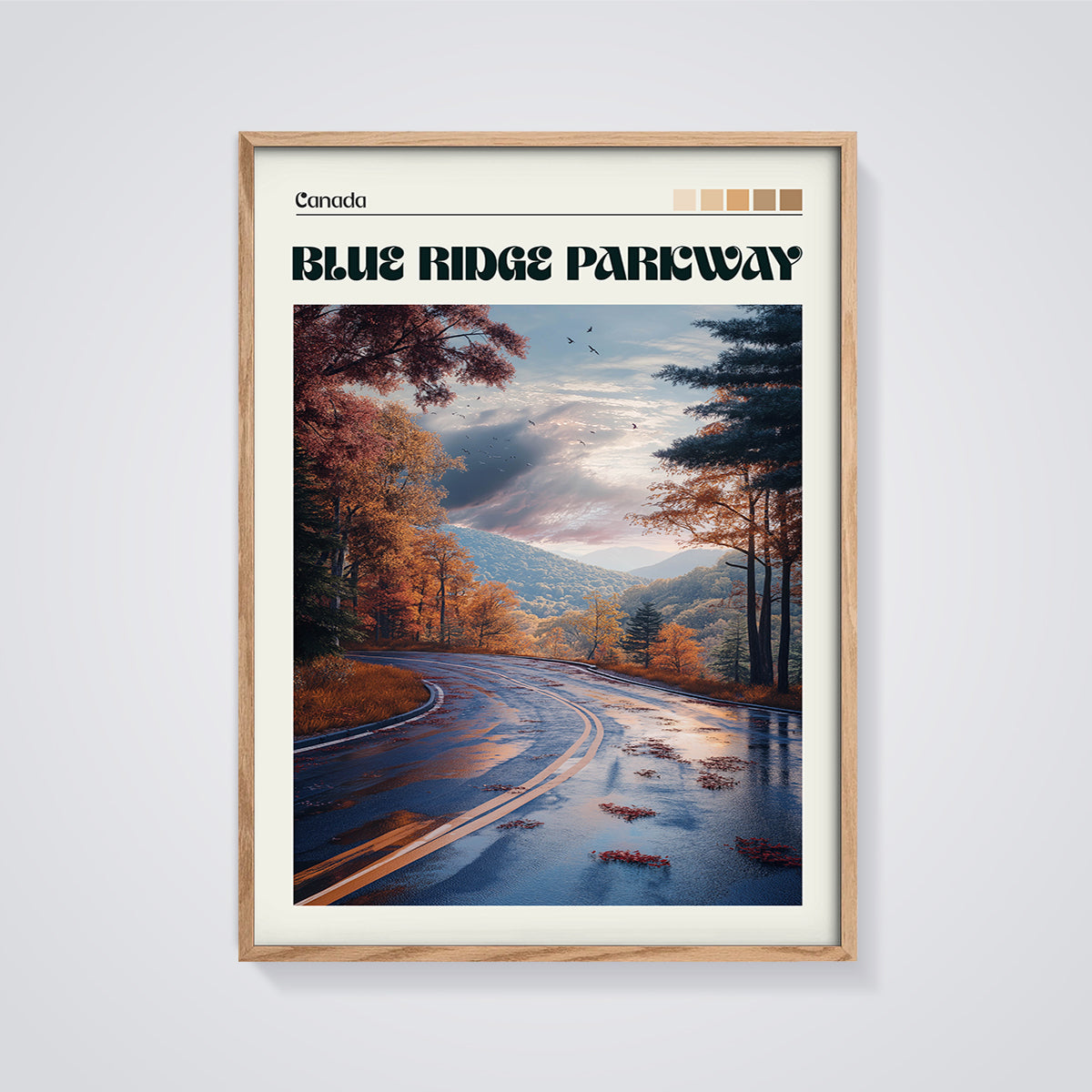 Blue Ridge Parkway Autumn Road Print framed in oak on a grey background
