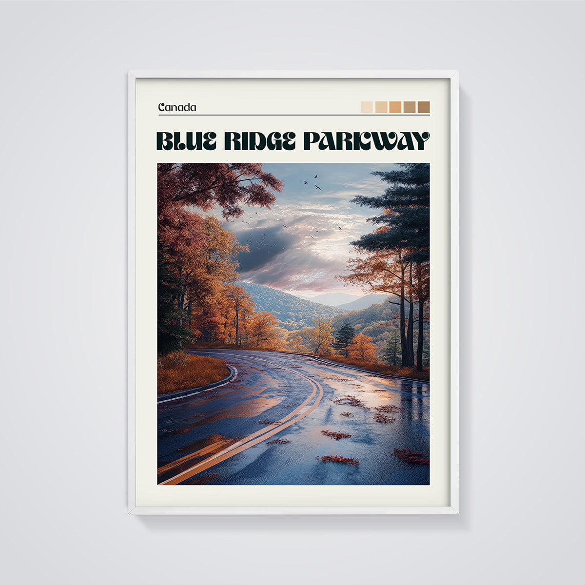 Blue Ridge Parkway Autumn Road Print framed in white on a grey background