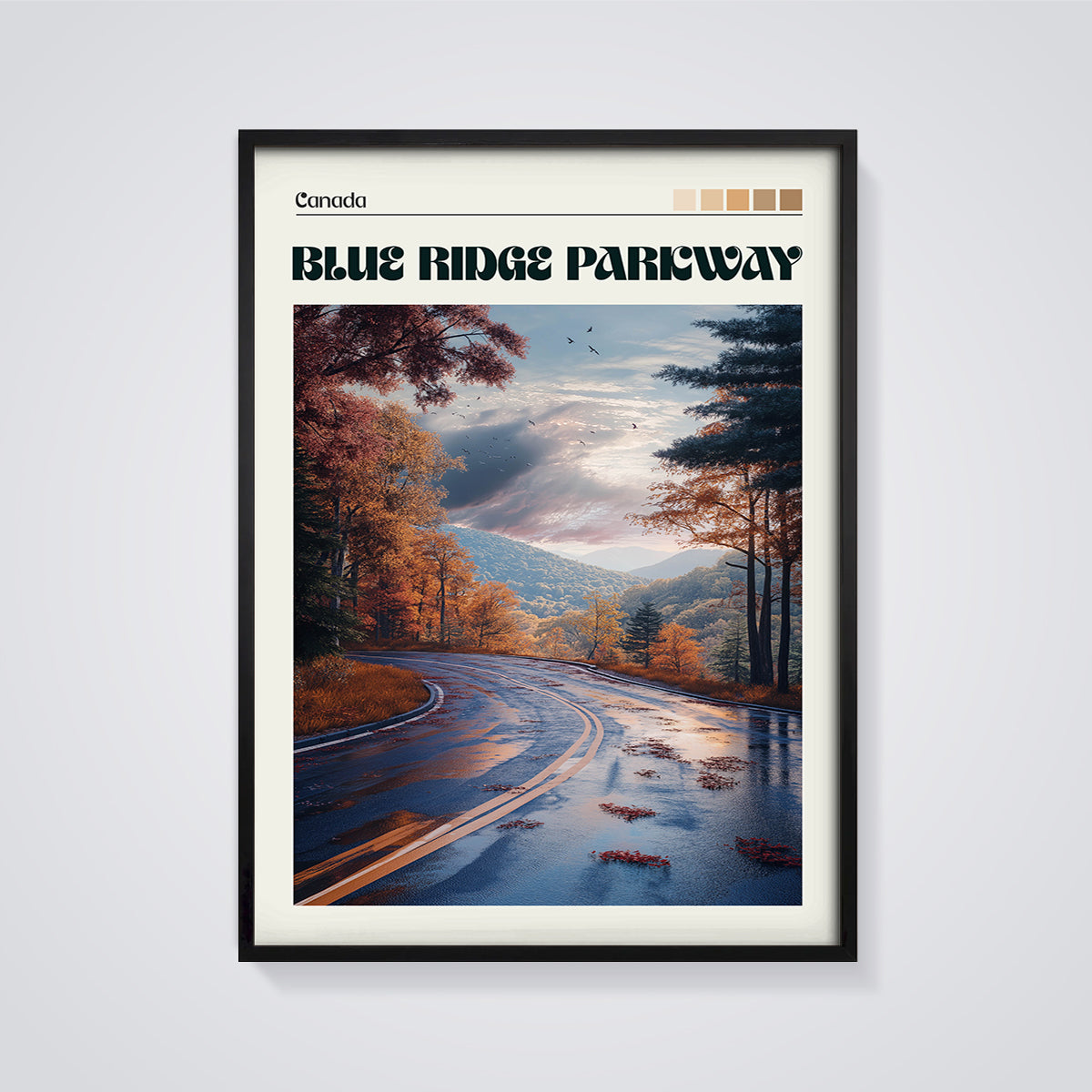 Blue Ridge Parkway Autumn Road Print framed in black on a grey background