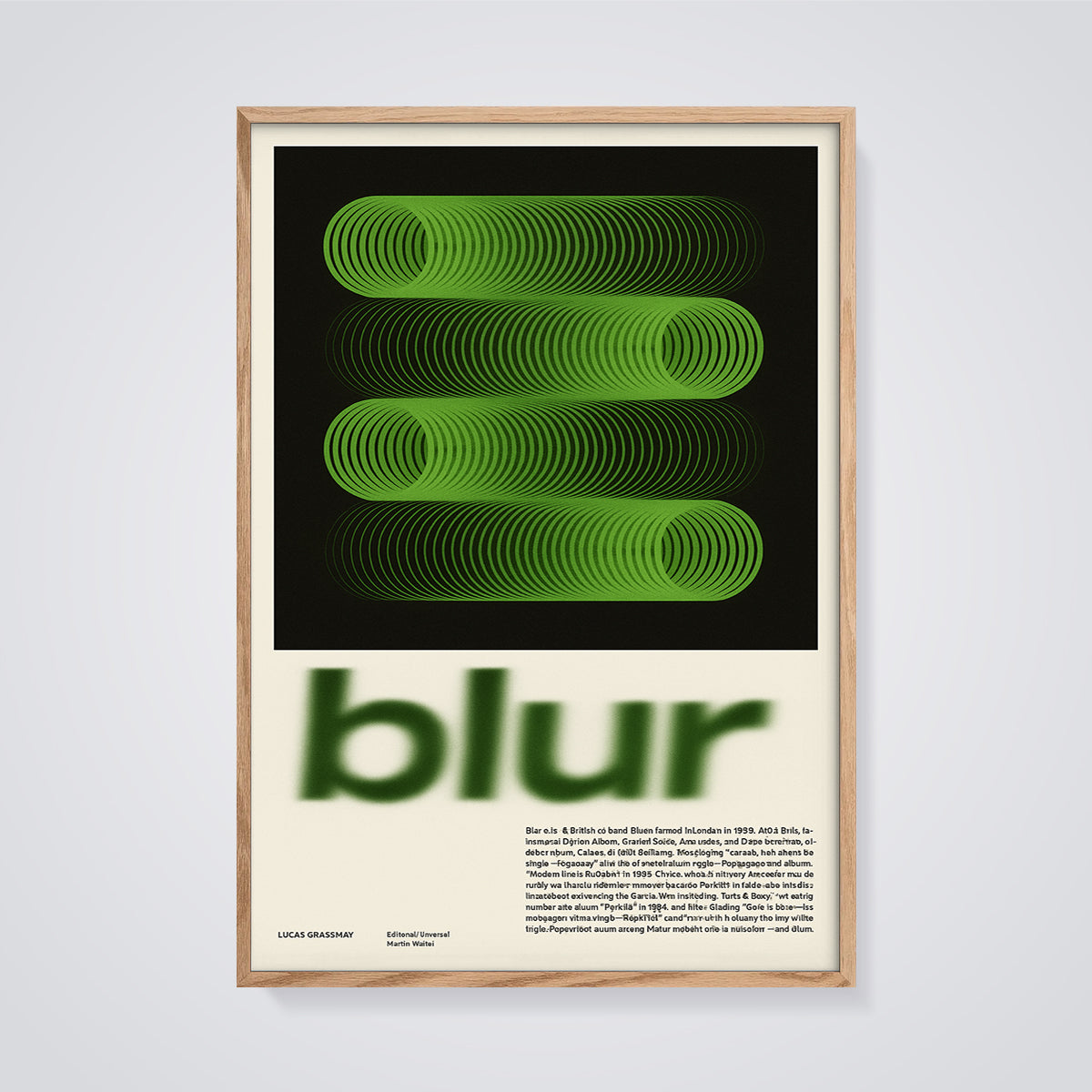 Blur Green Concentric Circles Print framed in oak on a grey background