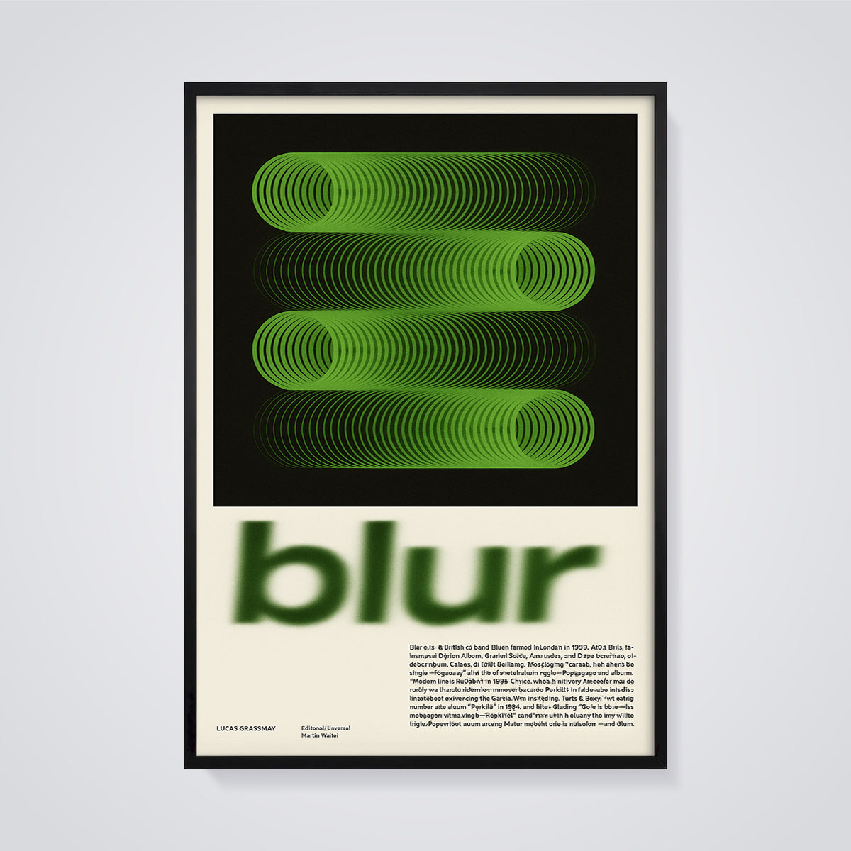 Blur Green Concentric Circles Print framed in black on a grey background