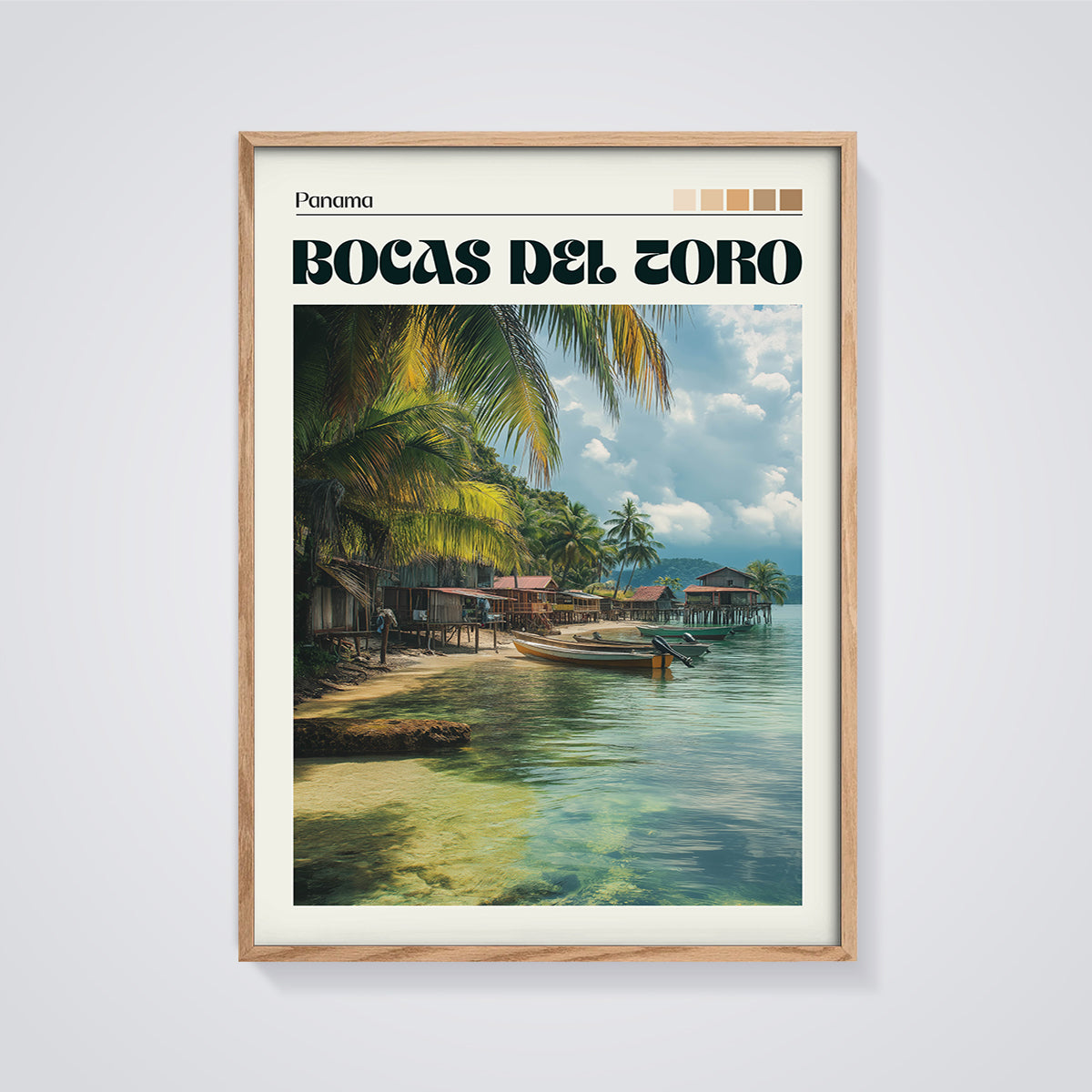 Bocas del Toro Panama Coastal Print framed in oak on a grey background