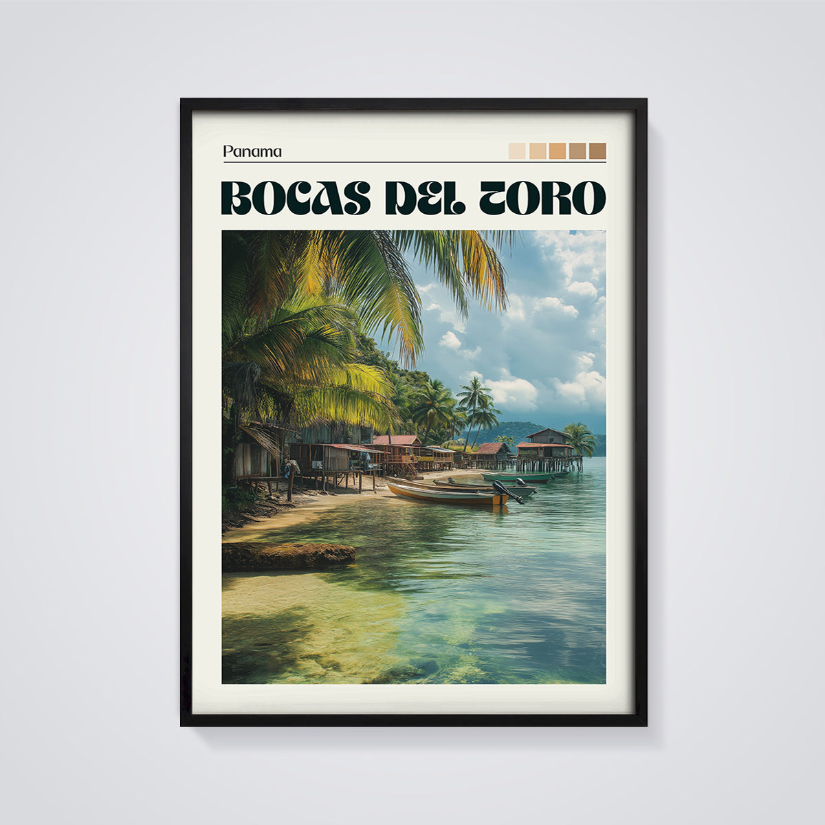 Bocas del Toro Panama Coastal Print framed in black on a grey background