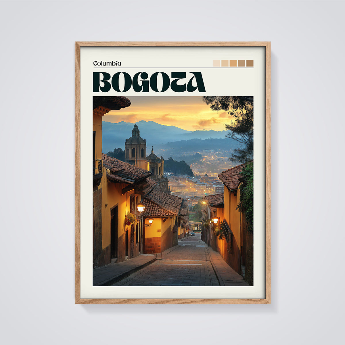 Bogota Old Town Street Print framed in oak on a grey background