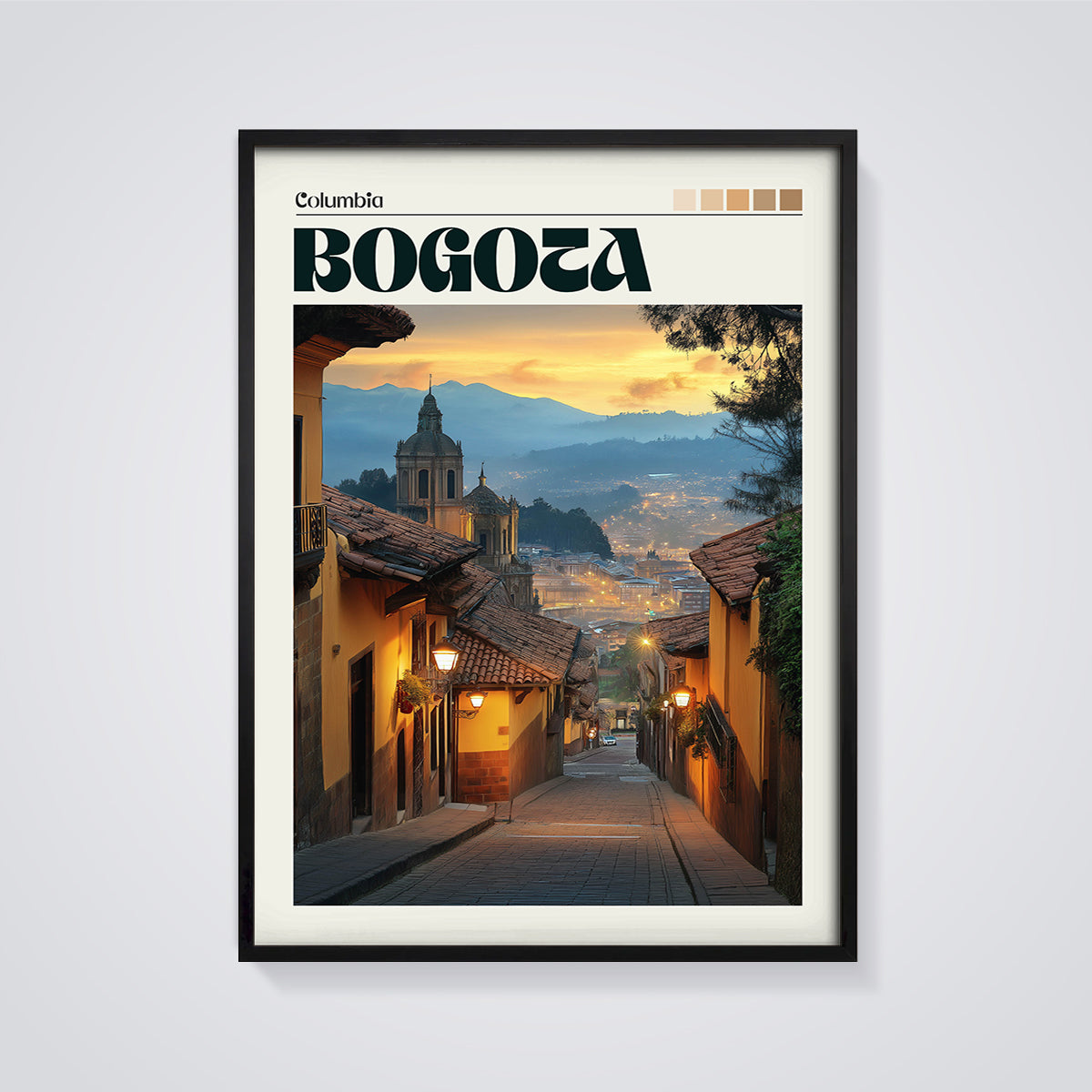 Bogota Old Town Street Print framed in black on a grey background