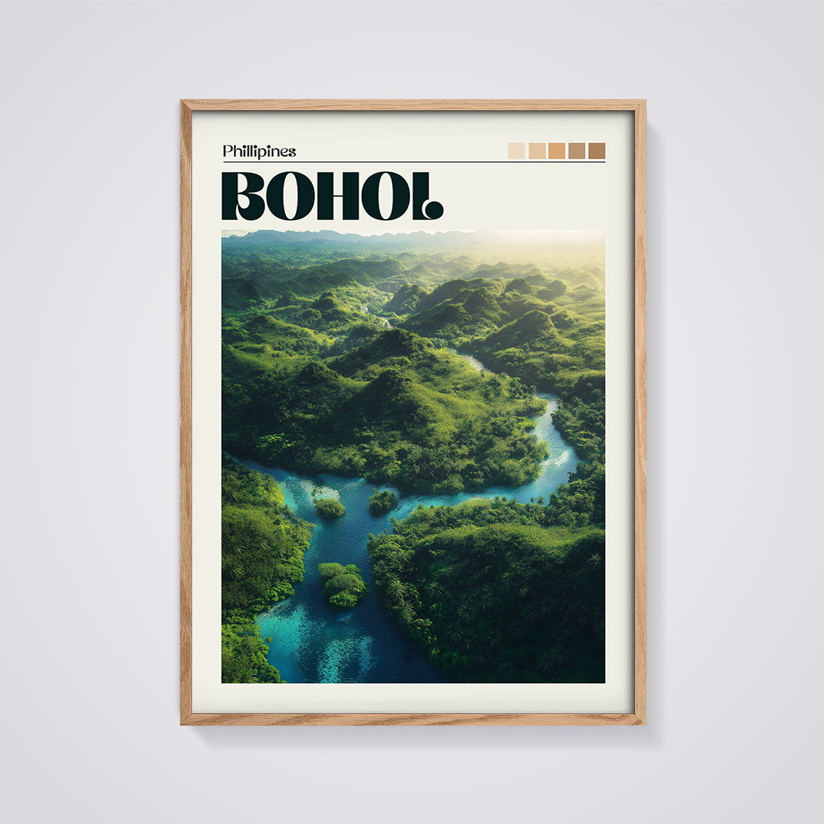 Bohol Philippines River Landscape Print framed in oak on a grey background