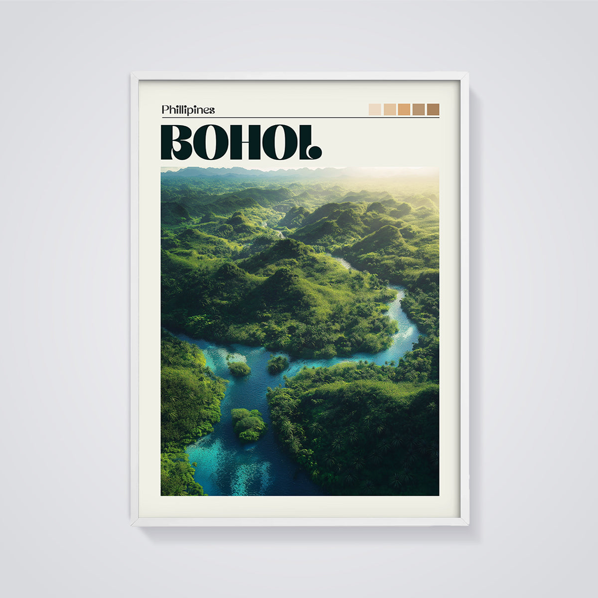 Bohol Philippines River Landscape Print framed in white on a grey background