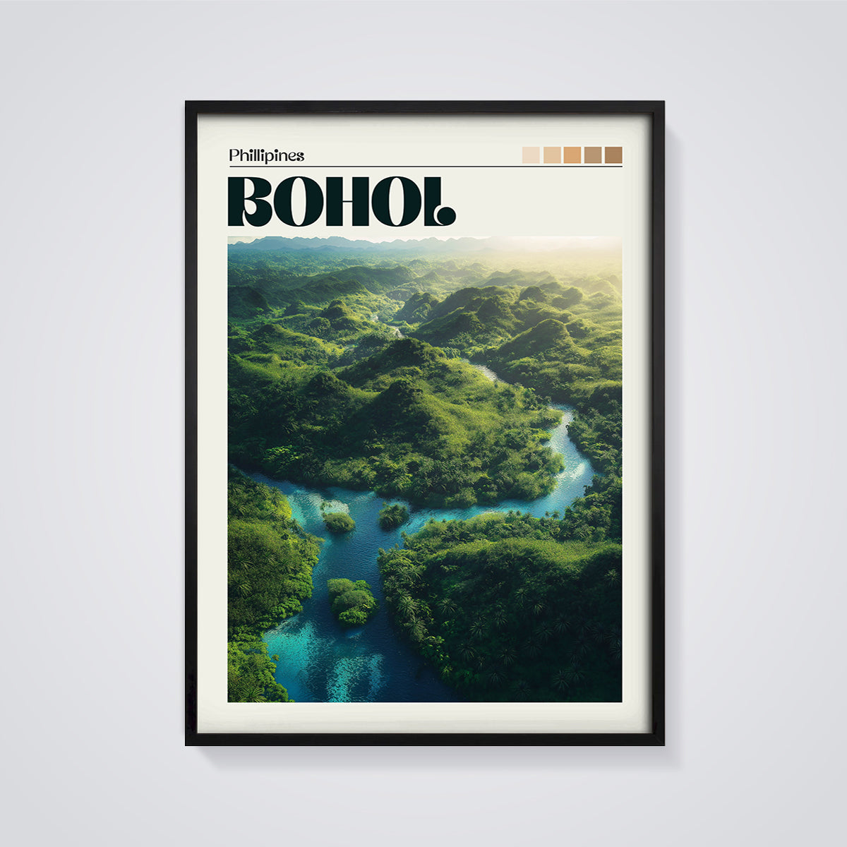 Bohol Philippines River Landscape Print framed in black on a grey background