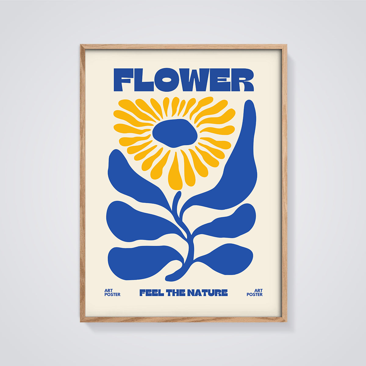 Bold Abstract Flower Print framed in oak on a grey background