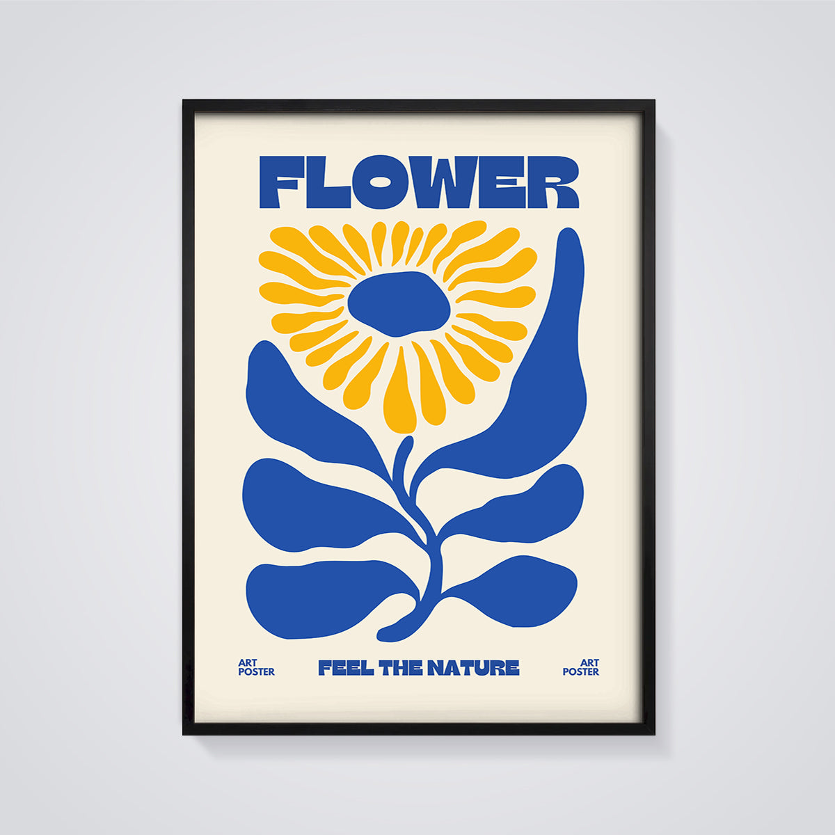 Bold Abstract Flower Print framed in black on a grey background