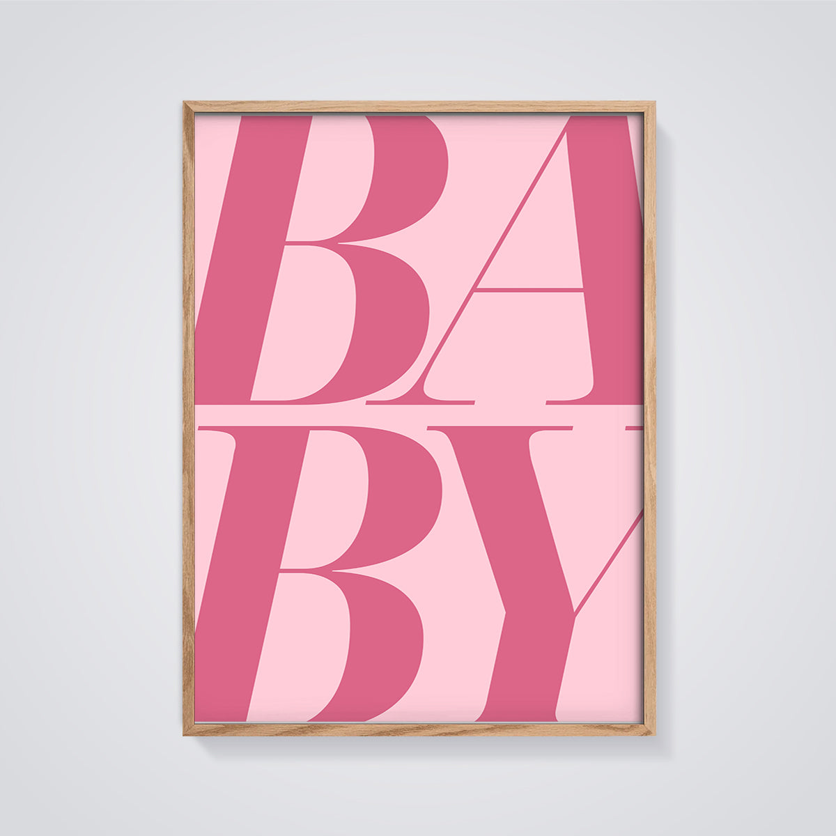 Bold Baby Pink Print framed in oak on a grey background