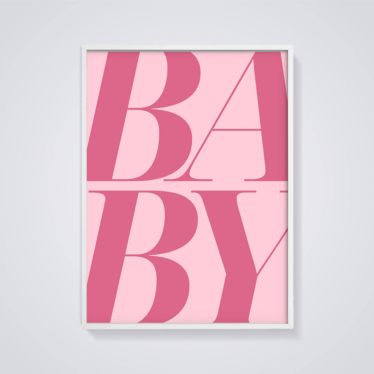 Bold Baby Pink Print framed in white on a grey background