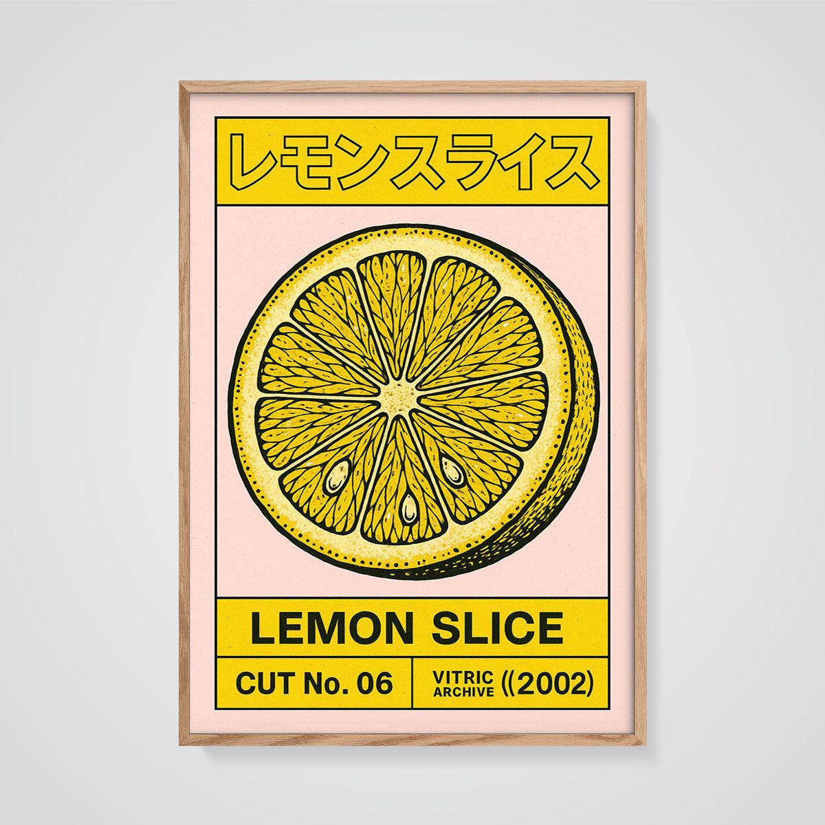 Bold Lemon Slice Art Print framed in oak on a grey background
