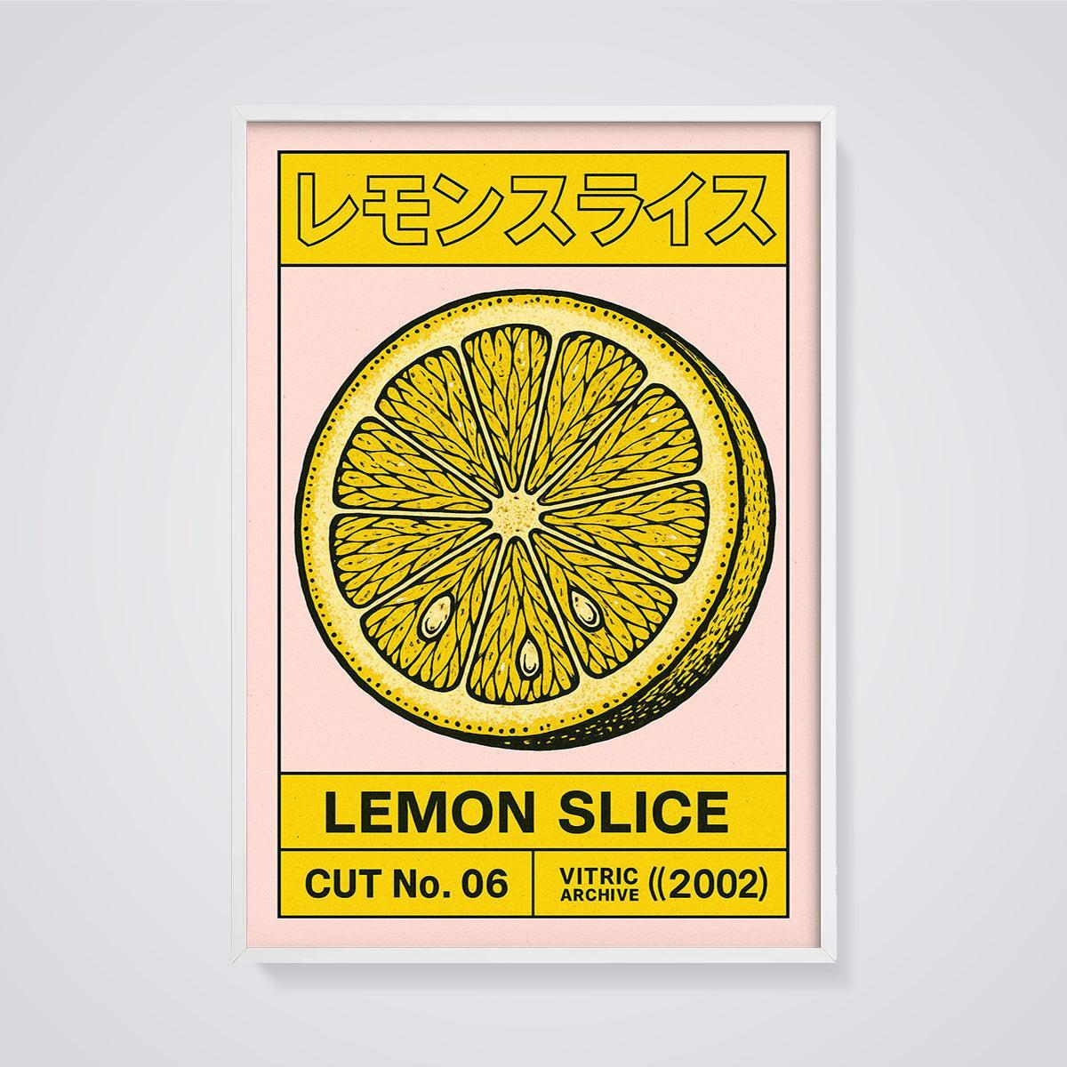 Bold Lemon Slice Art Print framed in white on a grey background