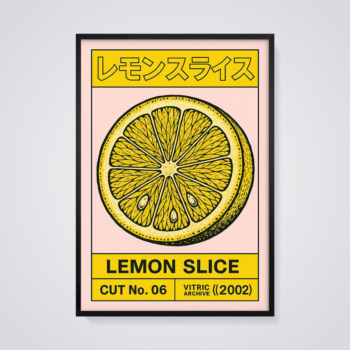 Bold Lemon Slice Art Print framed in black on a grey background