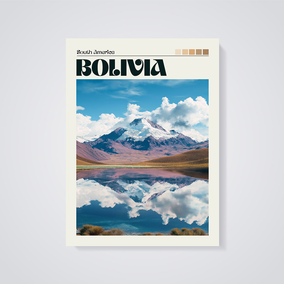 Bolivia Mountain Lake Reflection Print unframed on a grey background