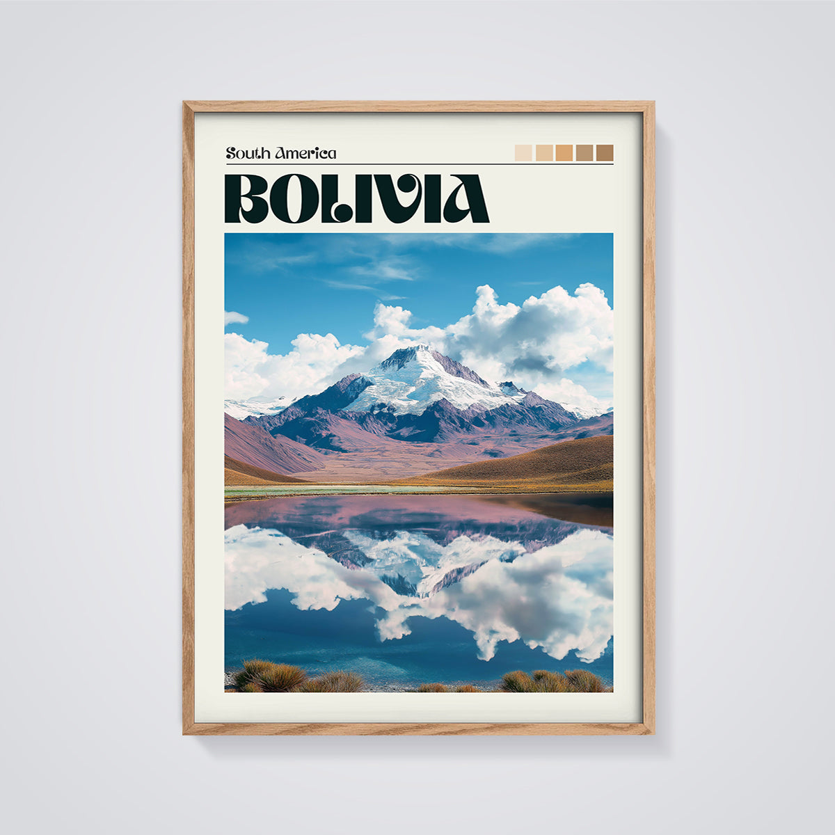 Bolivia Mountain Lake Reflection Print framed in oak on a grey background