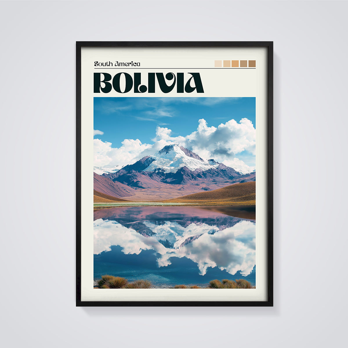 Bolivia Mountain Lake Reflection Print framed in black on a grey background